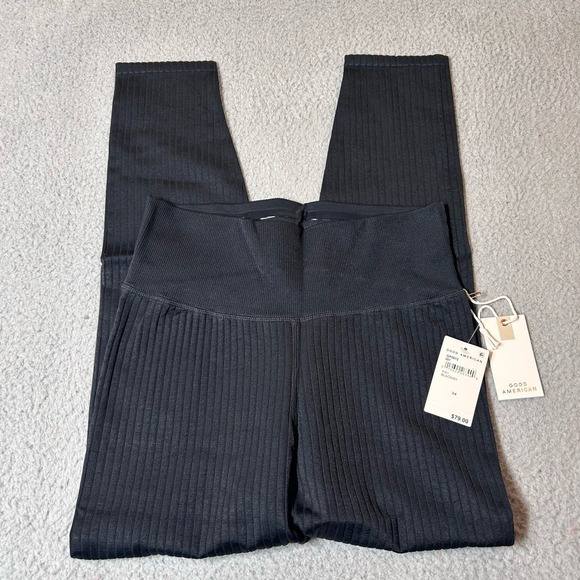 Good American Leggings Womens 3/4 Black Wide Ribbed Shine Seamless Leggings NEW - Picture 4 of 15